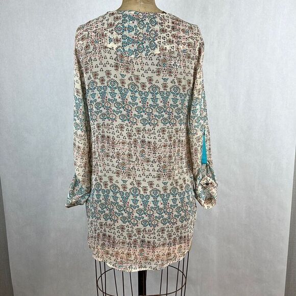 Nick & Mo Tunic Blouse Top Size Small Cream Print Long Length - Picture 4 of 11